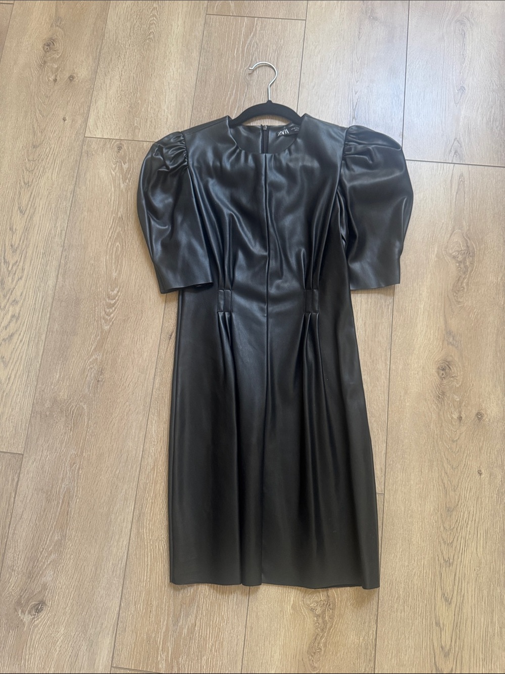 Zara Black Faux Leather Puff-Sleeve Midi Dress